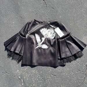 Gizia Black Floral Embellished Bell‎ Sleeve Blouse Top NWT Statement